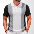 Slim fit men's knitted Polo shirt with stylish color block design in white, grey and black - 3XL / Tops / Black