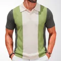 Men's slim fit knitted polo shirt featuring a unique green color block stripe pattern - M / Tops / Green