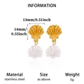 Elegant golden shell stud earrings with white pendant and precise size details - Double-Layer Shell Stud Earrings Style (E7351) / Gold