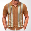 Men's brown vertical stripe knit polo shirt with elegant button-down cardigan design. - 3XL / Tops / Brown