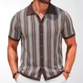 Men's brown knit polo shirt with jacquard herringbone pattern and contrast collar - M / Tops / Coffee