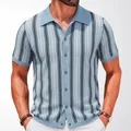 Men's light blue contrast striped knitted polo shirt with button front and texture. - M / Tops / Blue