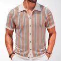 Premium men's contrast striped knit polo shirt cardigan with orange zigzag pattern - M / Tops / Khaki