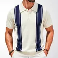 Men's vintage-style cream knit polo shirt with navy vertical stripes for business casual - M / Tops / Apricot