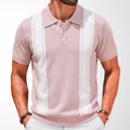 Men's business casual pink and white vertical striped knit polo shirt with short sleeves - M / Tops / Pink