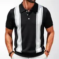 Professional men's black short sleeve knitted polo shirt with white contrast stripes - M / Tops / Black