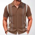 Men's brown vertical striped knitted short-sleeve polo shirt cardigan with herringbone texture - M / Tops / Brown