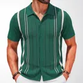 Men's stylish green striped knit Polo shirt slim fit short sleeve button cardigan - M / Tops / Green