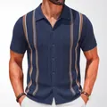 Men's slim-fit vertical striped knitted short-sleeve polo cardigan in navy blue - M / Tops / Navy Blue