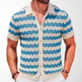 Vintage men's hollow knit polo shirt with blue wave pattern and button-down front - M / Tops / Blue