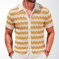 Retro yellow and white zigzag knit polo shirt with short sleeves and buttons. - M / Tops / Yellow