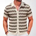 Retro men's hollow-out knitted polo shirt with wavy brown and beige chevron pattern - M / Tops / Brown