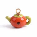 Charming miniature teapot pendant in vibrant orange and green glaze for DIY jewelry necklaces - Green and Orange Teapot Pendant (Style 23)