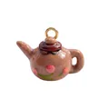 Unique brown teapot pendant with pink tulip floral pattern for DIY jewelry making - Brown Teapot Pendant (Style 9)
