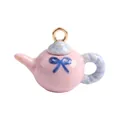 Miniature pink stainless steel teapot pendant with blue bow for DIY jewelry making - Pink Teapot Pendant (Style 22)