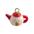 Miniature teapot pendant charm with red glaze and strawberry motif for DIY jewelry - Red and White Teapot Pendant (Style 8)