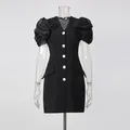 Elegant black V-neck blazer dress with pleated puff sleeves and rhinestone buttons. - S / Top And Bottom / Black
