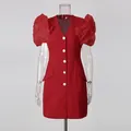 Elegant red V-neck blazer dress with organza puffed sleeves and diamond buttons. - S / Top And Bottom / Red