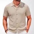 Casual beige men's short-sleeved knitted polo cardigan with textured fabric and white collar - M / Tops / Khaki