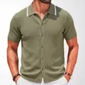 Men's olive green short sleeve knitted Polo cardigan with contrast white collar. - M / Tops / Army Green