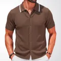Brown knit polo cardigan for men with short sleeves and button front style. - M / Tops / Coffee