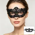 Detail view of an elegant black lace masquerade eye mask worn by a model for Halloween. - 01-Six-Petal Braid