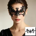 Detailed view of black lace bat masquerade mask worn by model and flat lay accessory - 02-Floral Face