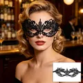 Elegant black lace masquerade mask worn by a woman in a classic bar setting, Halloween item - 09-Small Pointed