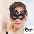 Detailed view of an elegant black lace masquerade eye mask worn by a model for parties. - 16-Phoenix