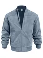 Detailed view of blue faux suede bomber jacket with stand-up collar and zipper closure - Teal
