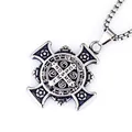 Vintage silver stainless steel St. Benedict cross pendant necklace with box chain - Saint Benedict Cross Medal Style / Antique Silver