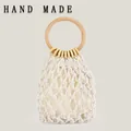 Handgefertigte minimalistische Strandtasche aus cremefarbener Baumwolle mit Holzgriff - Weiß (mit Innentasche)