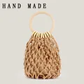 Handgefertigte gewebte Baumwolltasche mit Holzgriff für Strandurlaub und Sommer-Style - Kamelfarben (mit Innentasche)