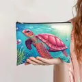 Portable canvas cosmetic bag with colorful sea turtle underwater illustration for women - Pink and Purple Turtle Style (Turtle 3)