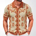Men's ethnic jacquard knit polo shirt with short sleeves and vintage button-up design - M / Tops / Brown
