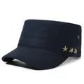 Casquette militaire plate en coton bleu marine avec trois étoiles dorées pour hommes - Réglable / Bleu marine