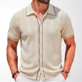 Men's beige short-sleeved knitted polo cardigan with contrast trim and textured pattern - M / Tops / Apricot