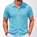 Men's sky blue short sleeve knitted polo shirt, business casual button-up knitwear variant. - M / Tops / Blue