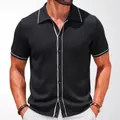 Men's black hollow knit short sleeve button-down polo shirt with white contrast trim - M / Tops / Black
