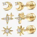 Close-up of mini gold-plated celestial earrings with moon and starburst designs - Moon and Stars Style (e1456) / 3 Pairs Set (6 Pieces) / Gold