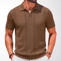 Bruin holgebreid poloshirt met korte mouwen voor heren met textuur - M / Tops / Bruin