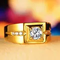 Detailed view of a gold-plated square ring with a sparkling central zircon stone - Size 11 / 金色款式(AJZ782)