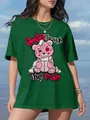 Vue détaillée d'un t-shirt vert oversize avec motif ours rose et texte imprimé - S / Hauts / Vert foncé