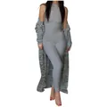 Combinaison grise sans manches à taille haute pour femme avec long cardigan assorti - XS / Haut Et Bas / Style Long / Gris