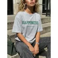 Camiseta de algodón estilo americano gris oversize con estampado Happiness verde - S / Tops / Gris