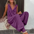 Casual μωβ αμάνικη ολόσωμη φόρμα με κουκούλα, κουμπιά και χαλαρό στυλ harem - Μωβ