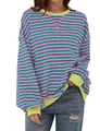 Camiseta informal de rayas rosas y verdes para mujer con un ribete amarillo brillante - S / Tops / Rosa