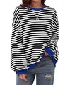 Camiseta casual de manga larga para mujer con rayas blancas y negras y detalles azules de moda. - S / Tops / Azul