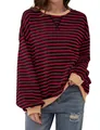 Camiseta casual de manga larga para mujer con rayas rojas y negras y cuello caqui - S / Tops / Burdeos