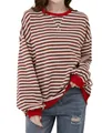 Camiseta casual de manga larga para mujer con rayas horizontales rojas y blancas y puños - S / Tops / Rojo